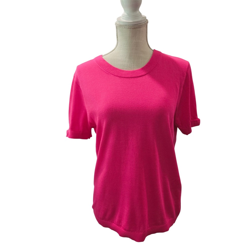 Kate Spade Large Sweater Top Hot Pink Short Sleeve Crew Neck Knit Cuffed #1078